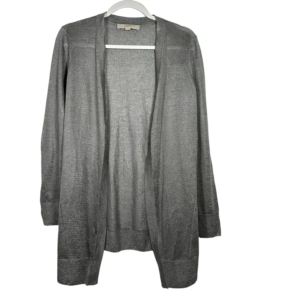 Loft Womens Metallic Silver Open‎ Front Cardigan Longline Shimmer Sweater Medium